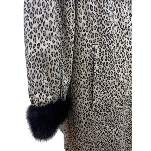 Silverman Furs Womens Black Mink Trim Leopard Print Coat Elegant Outerwear - Picture 6 of 9